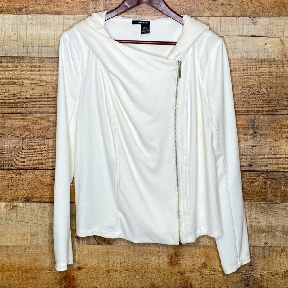 DKNY Jeans Off White Cropped Moto Knit Hooded Jacket Size XL